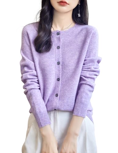 Chanyarn Damen Rundhalsausschnitt 100% Merinowolle Strickjacken 2025 Frühling einfarbig langärmelig nahtlos Strickjacken (Hellviolett,XL) von Chanyarn