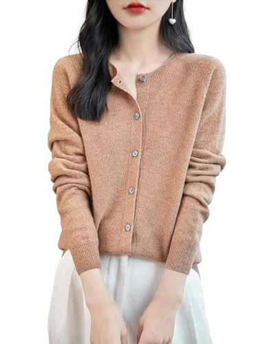 Chanyarn Damen Rundhalsausschnitt 100% Merinowolle Strickjacken 2025 Frühling einfarbig langärmelig nahtlos Strickjacken (Khaki,L) von Chanyarn