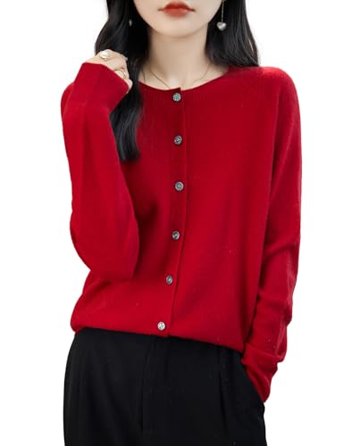 Chanyarn Damen Rundhalsausschnitt 100% Merinowolle Strickjacken 2025 Frühling einfarbig langärmelig nahtlos Strickjacken (Maroon,S) von Chanyarn