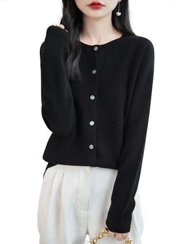 Chanyarn Damen Rundhalsausschnitt 100% Merinowolle Strickjacken 2025 Frühling einfarbig langärmelig nahtlos Strickjacken (Schwarz,L) von Chanyarn