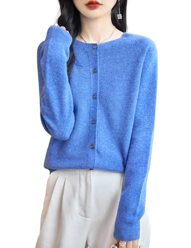 Chanyarn Damen Rundhalsausschnitt 100% Merinowolle Strickjacken 2025 Frühling einfarbig langärmelig nahtlos Strickjacken (Stern Blau,L) von Chanyarn