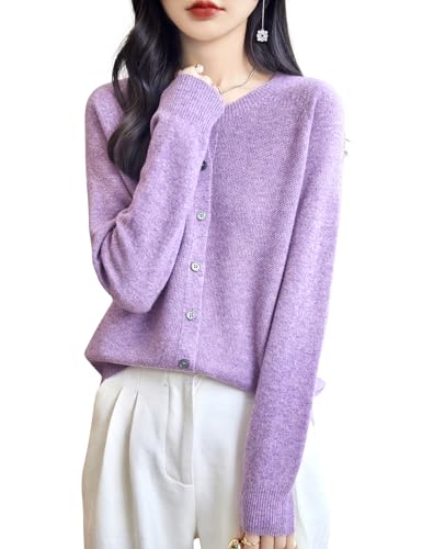 Chanyarn Damen Rundhalsausschnitt 100% Merinowolle Strickjacken 2025 Frühling einfarbig langärmelig nahtlos Strickjacken (Violett,S) von Chanyarn