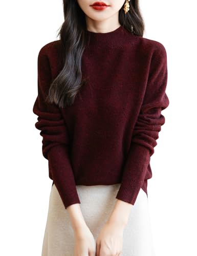 Chanyarn 100% Merinowolle Pullover Damen Winter Stehkragen First-Line Ready to Wear Langarm nahtlosem Strickpullover (Dunkelrot,XL) von Chanyarn