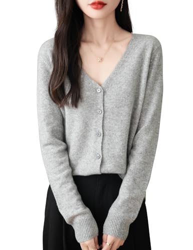 Chanyarn Damen-Strickjacke aus 100 % Merinowolle, für Herbst und Winter, sexy, V-Ausschnitt, langärmelig, leicht, Strickjacke, Hellgrau, Klein Chanyarn Damen-Strickjacke aus 100 % Merinowolle, für Herbst und Winter, sexy, V-Ausschnitt, langärmelig, leicht, Strickjacke, Hellgrau, Klein von Chanyarn