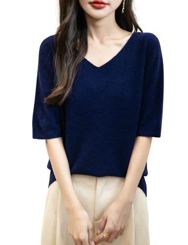 Chanyarn Damen 100% Merinowolle Kurzarm Pullover 2025 Frühjahr Sommer Winter V-Ausschnitt Weich Leicht Nahtloser Strickpullover Sweatshirt (Navy Blau,L) von Chanyarn