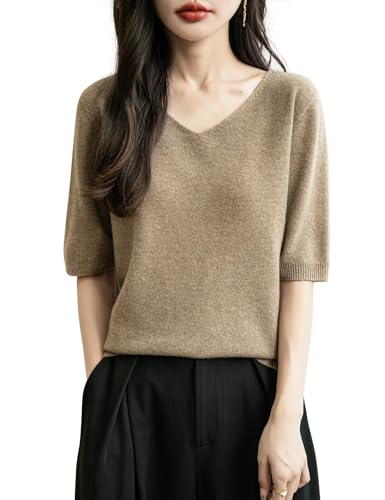 Chanyarn Damen 100% Merinowolle Kurzarm Pullover 2025 Frühjahr Sommer Winter V-Ausschnitt Weich Leicht Nahtloser Strickpullover Sweatshirt (Tan,XL) von Chanyarn