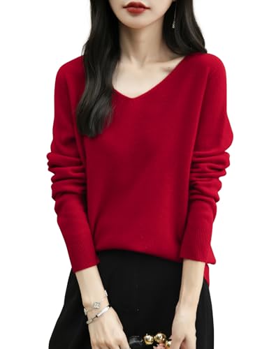 Chanyarn Damen V-Ausschnitt Pullover Herbst Winter 100% Merinowolle 2025 First-Line Ready to Wear Langarm nahtlosem Cashmere Strick Kaschmirpullover (Rot,S) von Chanyarn