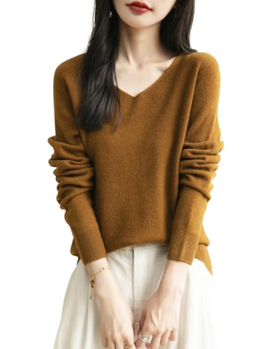 Chanyarn Damen Winterpullover Herbst Elegant 100% Merinowolle 2025 First-Line Ready to Wear Langarm nahtlosem Strick V-Ausschnitt Kaschmirpullover (Karamell,S) von Chanyarn