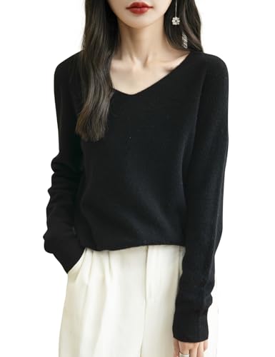 Chanyarn Damen Winterpullover Herbst Elegant 100% Merinowolle 2025 First-Line Ready to Wear Langarm nahtlosem Strick V-Ausschnitt Kaschmirpullover (Schwarz,S) von Chanyarn