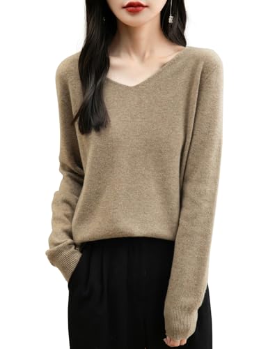 Chanyarn Damen Winterpullover Herbst Elegant 100% Merinowolle 2025 First-Line Ready to Wear Langarm nahtlosem Strick V-Ausschnitt Kaschmirpullover (Tan,S) von Chanyarn