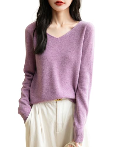 Chanyarn Damen Winterpullover Herbst Elegant 100% Merinowolle 2025 First-Line Ready to Wear Langarm nahtlosem Strick V-Ausschnitt Kaschmirpullover (Violett,S) von Chanyarn