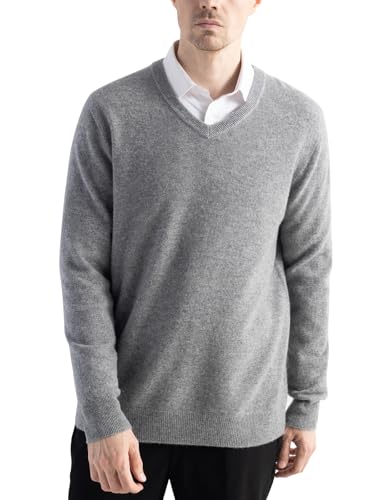 Chanyarn Herren 100% Merinowolle Pullover First-Line Trinkfertig V-Ausschnitt Lange Ärmel Nahtloser Strickpullover (Grau,XXL) von Chanyarn