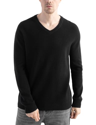 Chanyarn Herren 100% Merinowolle Pullover First-Line Trinkfertig V-Ausschnitt Lange Ärmel Nahtloser Strickpullover (Schwarz,XL) von Chanyarn