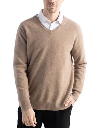 Chanyarn Herren 100% Merinowolle Pullover First-Line Trinkfertig V-Ausschnitt Lange Ärmel Nahtloser Strickpullover (Tan,S) von Chanyarn
