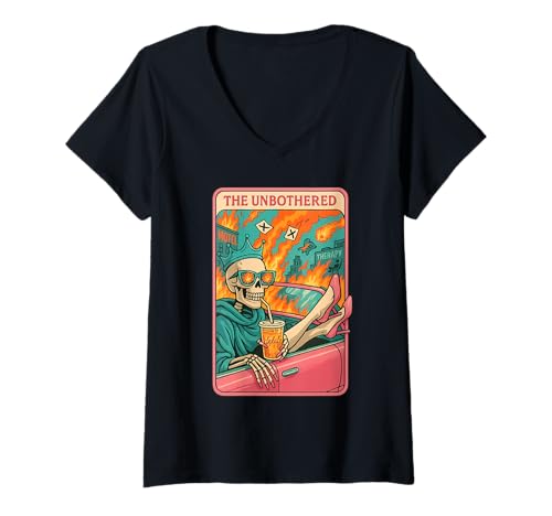 Damen The Unbothered Tarot-Skelett Delulu Design T-Shirt mit V-Ausschnitt Damen The Unbothered Tarot-Skelett Delulu Design T-Shirt mit V-Ausschnitt von Chaotic Couture