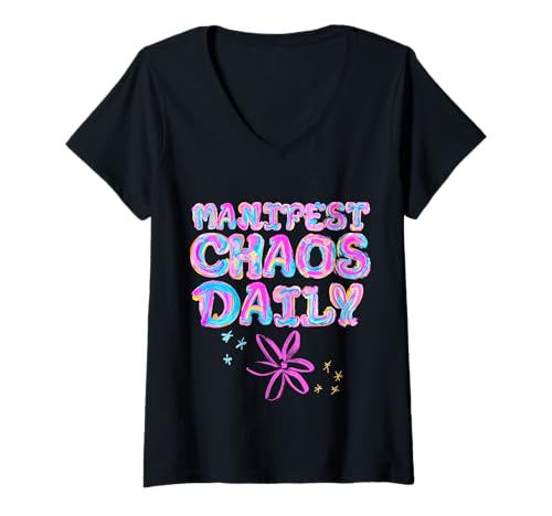 Damen Manifest Chaos Daily, farbenfroher, grooviger Schriftzug, Blumenakzent T-Shirt mit V-Ausschnitt Damen Manifest Chaos Daily, farbenfroher, grooviger Schriftzug, Blumenakzent T-Shirt mit V-Ausschnitt von Chaotic Manifestation Apparel Co.