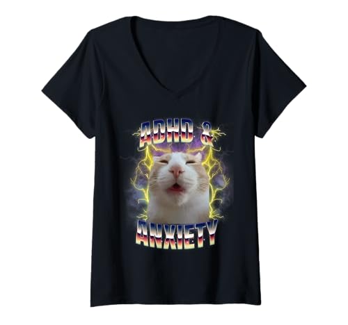 Damen ADHS and Anxiety Neurodiversity Funny Silly Meme Cat T-Shirt mit V-Ausschnitt Damen ADHS and Anxiety Neurodiversity Funny Silly Meme Cat T-Shirt mit V-Ausschnitt von Chaotic Neurodivergent RTees