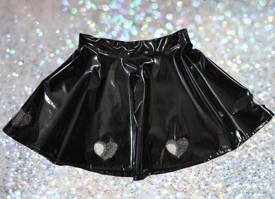 Bubble Goth Princess Pvc Glitzer Herz Ausgeschnitten Skater Rock Schwarz von ChaoticCandyClothing