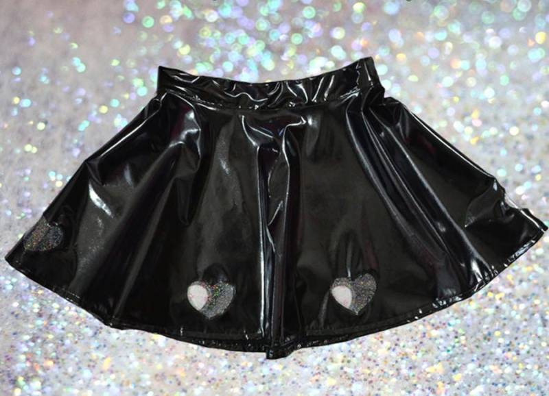 Bubble Goth Princess Pvc Glitzer Herz Ausgeschnitten Skater Rock Schwarz von ChaoticCandyClothing