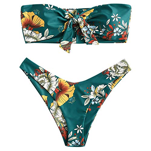 ZAFUL Damen Bandeau Schulterfrei Bikini Set Sexy Strandkleidung mit Blumenmuster Knote (Grün, L) von ZAFUL