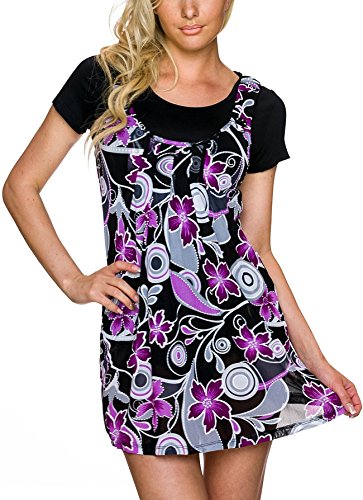 Sommer-Kleid T-Shirt Träger Mini-Kleid Stretch 2-in-1 Blumen-Musterung, Lila M von Charbell