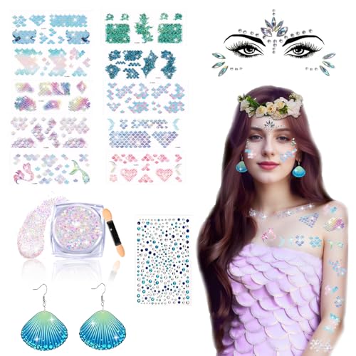 14 Stück Meerjungfrau Schminke Set - Schuppen Schablonen, Glitzer Gel, Ohrringe in Muschelform, Blau Glitzersteine, Gesicht Selbstklebend - für Karneval oder Meerjungfrau Kostüm Damen. (Blaue-1) von Charfia