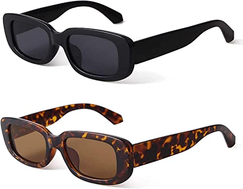 2 Stück Sonnenbrille Damen Vintage, Retro Sonnenbrillen Vintage Rechteckige Sonnenbrille, Sunglasses Woman Man, Quadrat Sonnenbrille für Damen und Männer,Sonnenbrille Herren Verspiegelt UV400-Schutz von Charfia