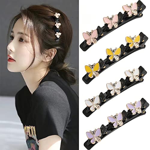 4 Stück Hair Clip, Haarspange mit kristall Schmetterling, Haarspange mit 3 Clips Satin-Stoff-Haarbänder, Glitzernde Kristall-Stein geflochtene Haarspangen, Haarklammer Groß für Damen Kinder von Charfia