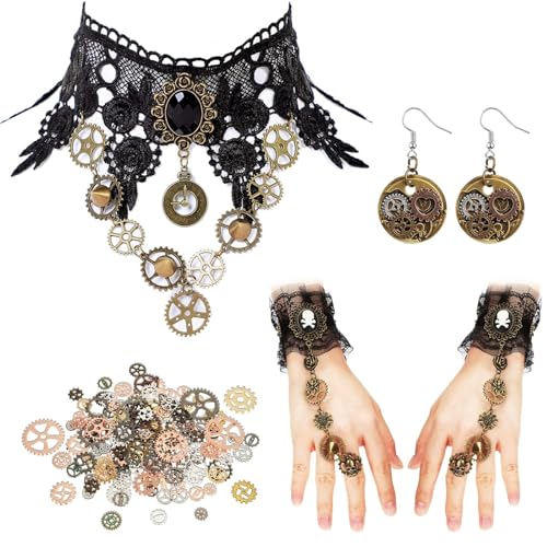 Charfia Steampunk Damen Accessoires, Zahnräder Kostüm, Gothic Schmuck Mit Armbänder Ohrringe Halsketten Anhänger für Halloween Karneval von Charfia