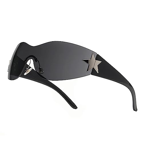 Y2K Brille, Fancy Sport Sonnenbrille Rave Brille, Sunglasses Woman Randlose Y2K Sonnenbrill, Wrap Around Schnelle Brille Rave Futuristische Sonnenbrille Damen, Stern Sonnenbrillen für Herren Damen von Charfia