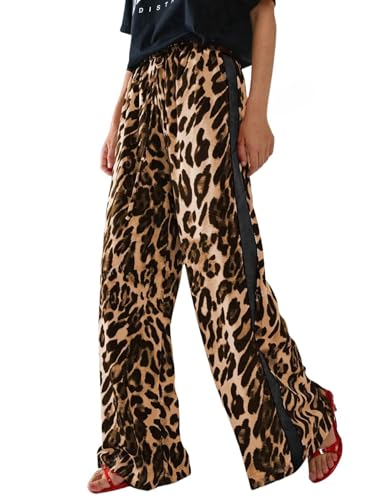Charfille Lässige Damenhose mit Kordelzug, Leopardenmuster, Farbblock, seitlich gestreift, gerades Bein, weites Bein, lockere Hose, 2-gelb, schwarz, X-Groß Charfille Lässige Damenhose mit Kordelzug, Leopardenmuster, Farbblock, seitlich gestreift, gerades Bein, weites Bein, lockere Hose, 2-gelb, schwarz, X-Groß von Charfille