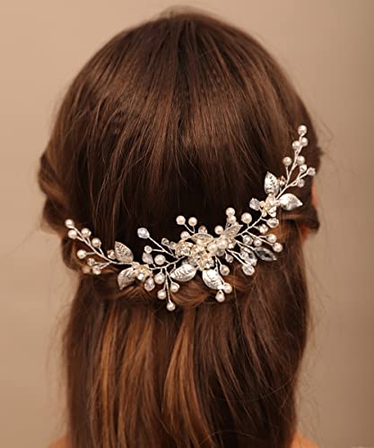 Chargances Brautschmuck mit Perlen und Blättern für Hochzeit, goldfarbene Kristallperlen, Haarkamm, modische Blume, Strass, handgefertigtes Haar-Accessoire, Brautjungfern, Mädchen (Gold) von Chargances