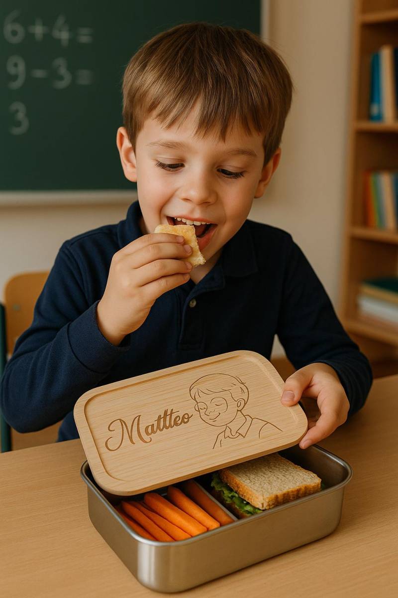 Auslaufsichere Personalisierter Lunchbox Mit Trenner - Edelstahlbox Bambusdeckel Gummiband Nachhaltiges Geschenk Wunschgravur von Chariotnet