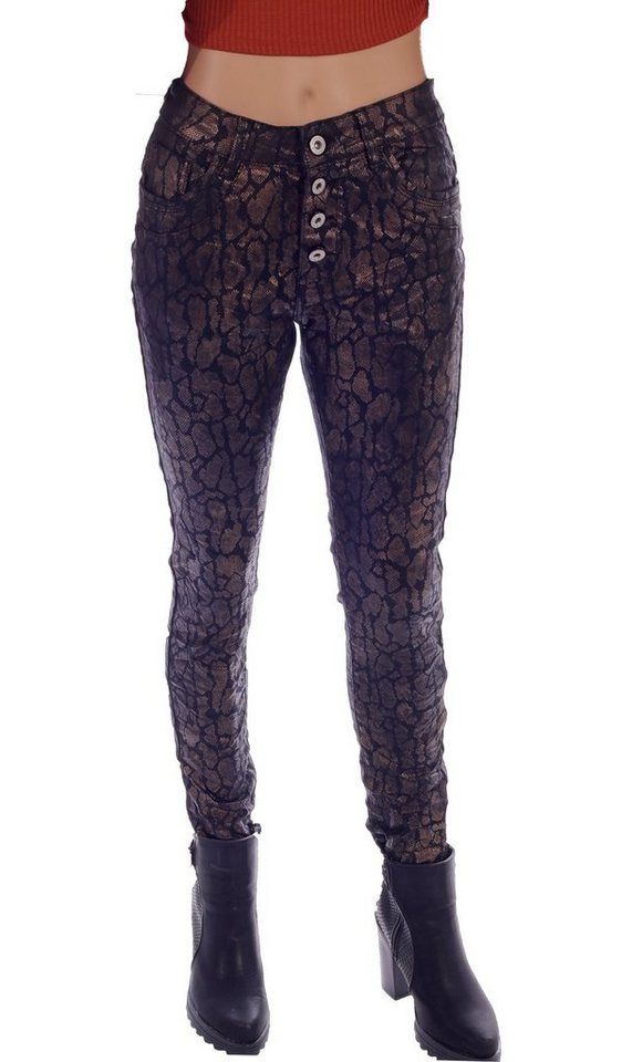 Charis Moda Bootcut-Jeans Skinny Jeans 4 Button Style kupfer-schwarzfarben Animal Print von Charis Moda