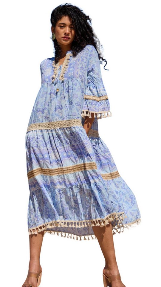 Charis Moda Maxikleid Sommerkleid im Bohemian Look V-Ausschnitt Pomponsbordüren von Charis Moda