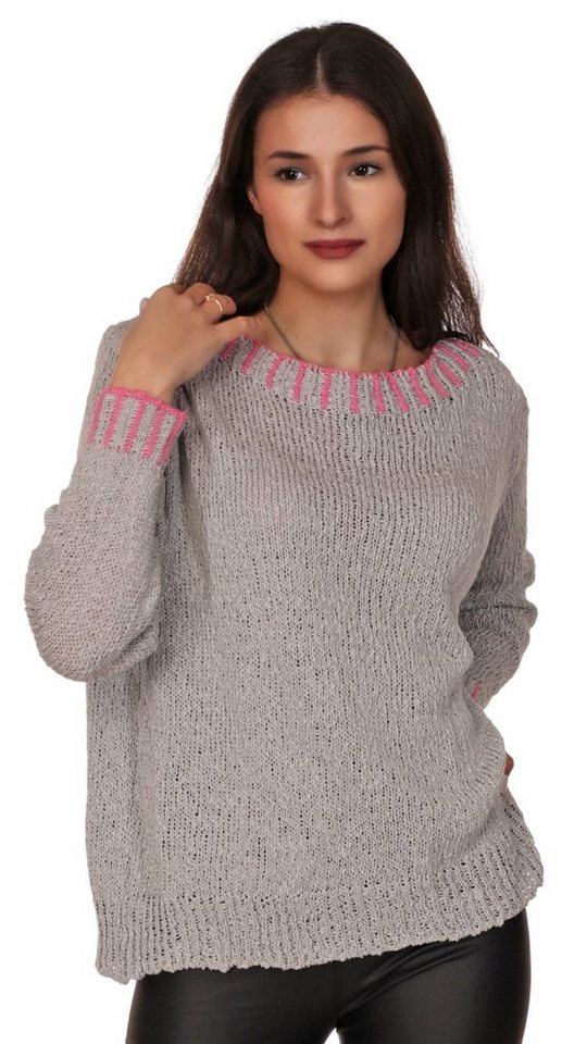 Charis Moda Rundhalspullover Langarmpullover zweifarbig Streifendesign an Kragen und Ärmel von Charis Moda