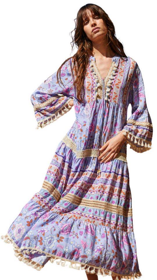 Charis Moda Sommerkleid Langes Kleid im Bohème-Print mit Pompons und Spitze Charis Moda Sommerkleid Langes Kleid im Bohème-Print mit Pompons und Spitze von Charis Moda