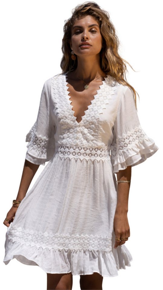 Charis Moda Tunikakleid Sommerkleid mediterran mit Häkelbordüren Halbarm von Charis Moda