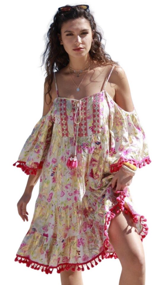 Charis Moda Tunikakleid Strandkleid Bohéme schulterfrei Pompons von Charis Moda