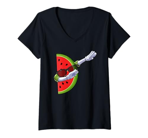 Damen Dabbing Watermelon Kawaii Dab Summer Dancing Fruit T-Shirt mit V-Ausschnitt von CharlIan Minds - Cute Watermelon Lover