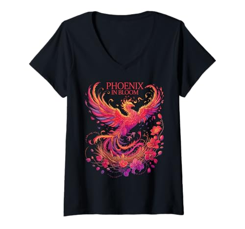 Damen Phoenix Bloom Mythischer Vogel Blumenkunst T-Shirt mit V-Ausschnitt Damen Phoenix Bloom Mythischer Vogel Blumenkunst T-Shirt mit V-Ausschnitt von CharlIan Minds - Fantasy Floral Art Fans