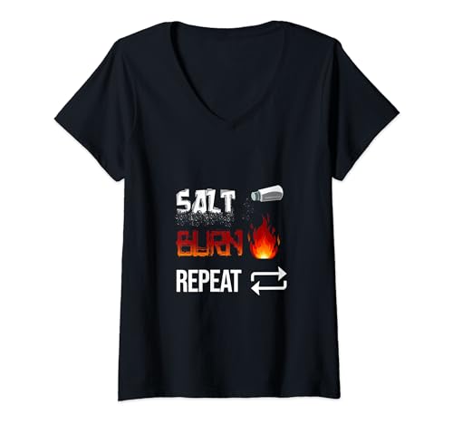 Damen Supernatural Quotes Fiction Salt Burn Repeat T-Shirt mit V-Ausschnitt von CharlIan Minds - Supernatural Fiction And Quotes