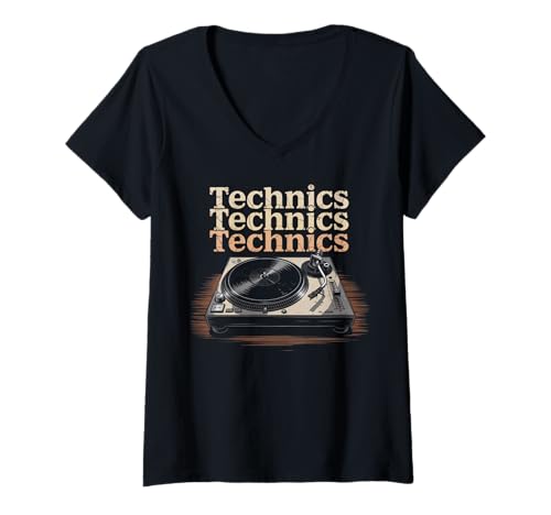 Damen Vintage Plattenspieler Old School DJ Musik T-Shirt mit V-Ausschnitt Damen Vintage Plattenspieler Old School DJ Musik T-Shirt mit V-Ausschnitt von CharlIan Minds - Turntable Vintage School