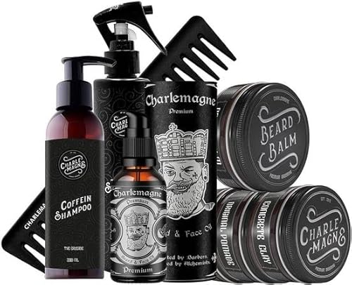 Charlemagne Haar- und Bartpflege Set - Bestehend aus Matte Pomade, Original Pomade, Concrete Clay, Sea Salt Spray, Koffein Shampoo, Carbon Styling Kamm, Bartöl & Bartbalsam - Männer Geschenkset von Charlemagne