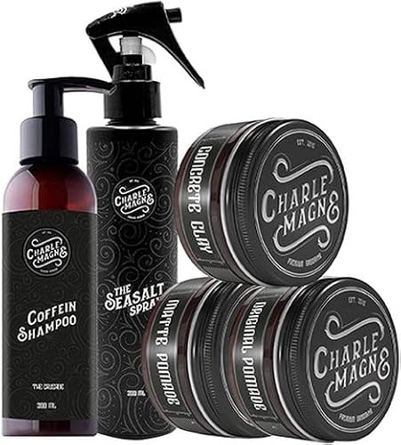 Charlemagne Haarstyling Bundle - Bestehend aus Sea Salt Spray, Koffein Shampoo, Concrete Clay, Matte Pomade und Original Pomade - Männer Geschenkset Pflegeset Männer Haarpflege mit Seasaltspray von Charlemagne