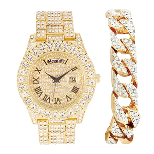 CHARLES RAYMOND Big Rocks ST10535 Herren-Armbanduhr, vollständig vereiste Diamanten, leicht ablesbares Datum und Tag, Designer-Hip-Hop-Uhr, ST10535-RN Gold -C, Hip Hop von Charles Raymond
