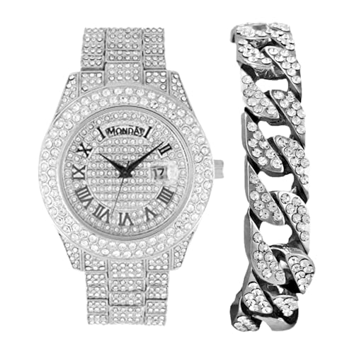 CHARLES RAYMOND Big Rocks ST10535 Herren-Armbanduhr, vollständig vereiste Diamanten, leicht ablesbares Datum und Tag, Designer-Hip-Hop-Uhr, ST10536-RN Silber -C, Hip Hop von Charles Raymond