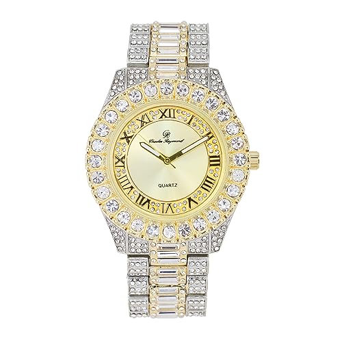 CHARLES RAYMOND Big Rocks ST10535 Herren-Armbanduhr, vollständig vereiste Diamanten, leicht ablesbares Datum und Tag, Designer-Hip-Hop-Uhr, ST10537-TT Gold-SLV, Hip Hop von Charles Raymond