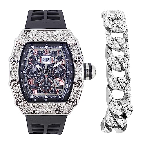 CHARLES RAYMOND CHARLES RAYMOND Herren Luxus Iced Out Kristalle Diamant Uhr mit einzigartiger Tonneau-Form, bequemes Silikonband, zeigen Sie Ihren Stil Design, ST10526-C BLK SLV, ST10526-C BLK SLV von Charles Raymond