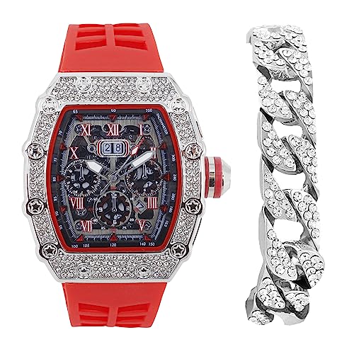 CHARLES RAYMOND CHARLES RAYMOND Herren Luxus Iced Out Kristalle Diamant Uhr mit einzigartiger Tonneau-Form, bequemes Silikonband, zeigen Sie Ihren Stil Design, ST10526-C Red SLV, (ST10526-C Red SLV) von Charles Raymond